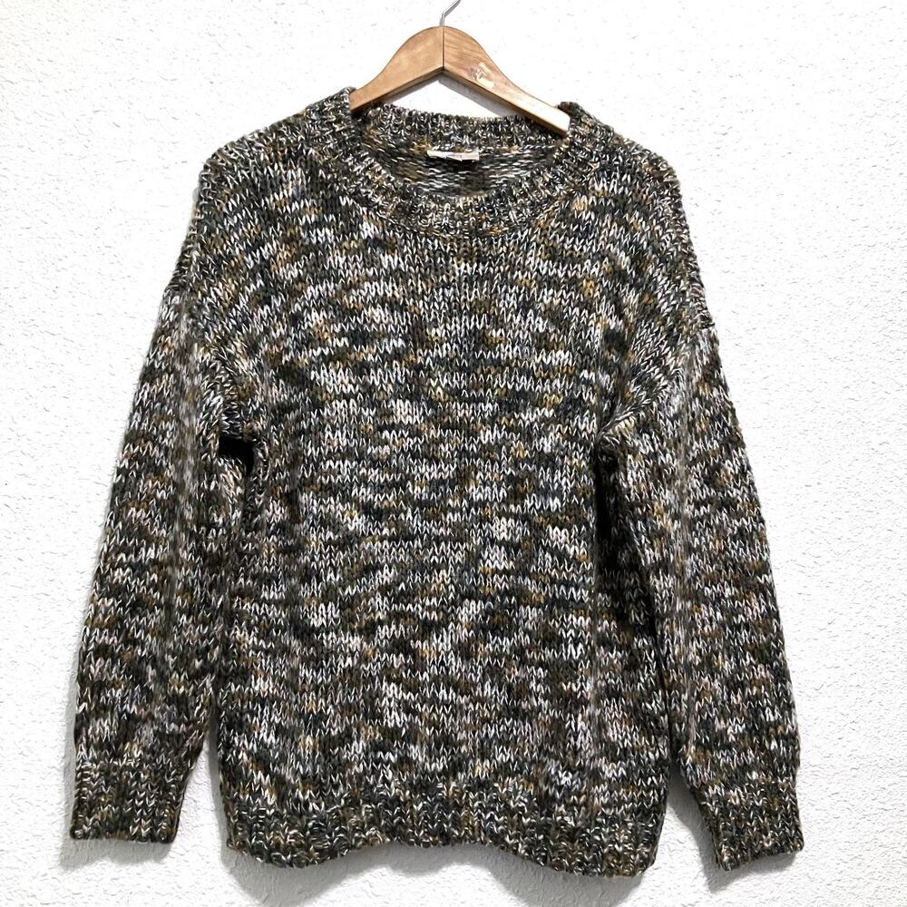 LOFT Chunky Marled Knit Crewneck Sweater Sz L Olive Ochre White Soft Pullover